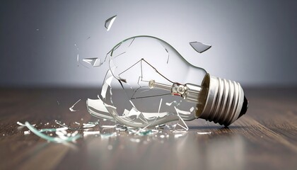 Shattered glass bulb on a wooden surface with fragments scattered around, creative lighting