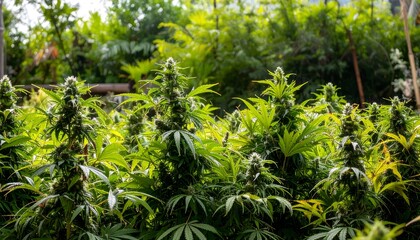 Lush cannabis plants in a greenhouse setting