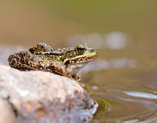 Close-up of frog on a rock by water