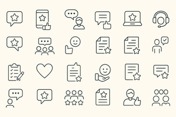 Minimalist Feedback & Communication Line Icons – Editable Stroke  Reviews, Ratings, Support, User Interaction, Documentation & UI Symbols for Apps, Websites, Infographics & Commercial Use


