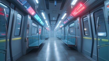 Futuristic subway interior with blue seats, neon lights, digital screens, and clean metallic surfaces, creating modern, high tech, and empty urban transportation atmosphere