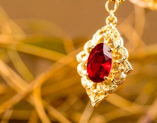 Close-up of gold pendant with red gem