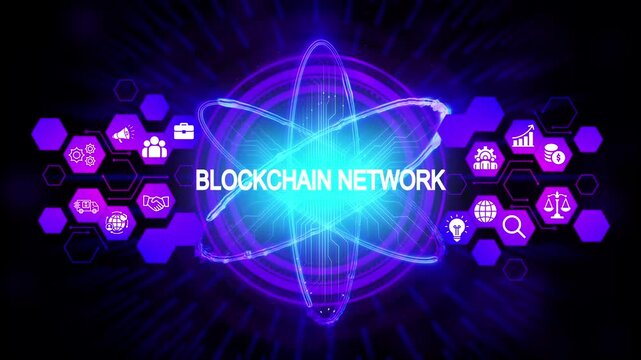 Futuristic blockchain network visualization with glowing atom core and interconnected hexagonal icons representing finance technology and global connectivity digital transformation concept - Powered by Adobe