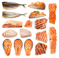 Different types of grilled fish on white background, collage