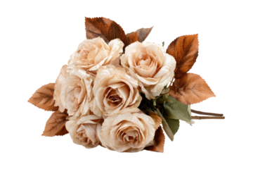 Close-up of a bouquet of light beige roses, accented with autumnal-toned leaves