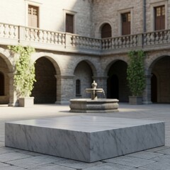 Marble Display Podium in Historic Courtyard with Fountain, Perfect for Product Showcase and Presentation