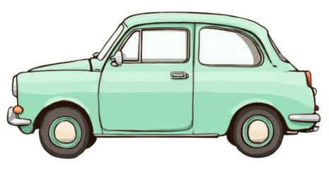 Side view of a light mint green vintage car.  Simple, cartoonish style, classic shape