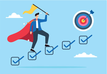 Superhero businessman finish task checklist for work target in flat design