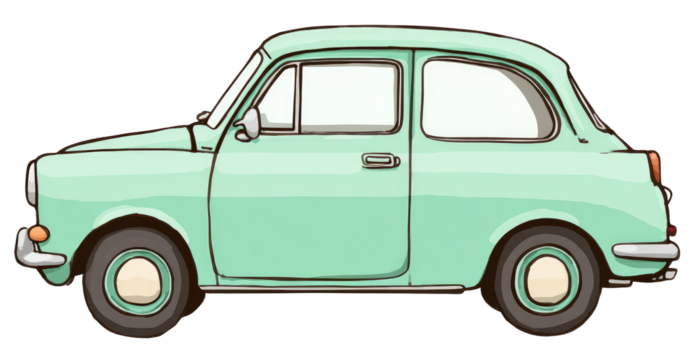 Side view of a light mint green vintage car.  Simple, cartoonish style, classic shape