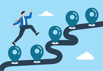 Businessman running towards milestone on the corporate map in flat design