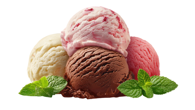 Three scoops of assorted ice cream atop each other, resting on a bed of fresh mint leaves
