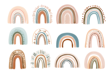 Set of twelve stylized rainbows,  pastel colors,  boho style,  decorative elements