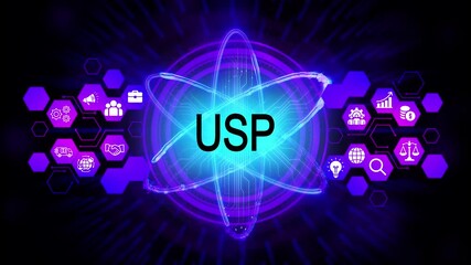 Unique Selling Proposition concept with glowing atom and business icons digital network technology innovation strategy marketing success