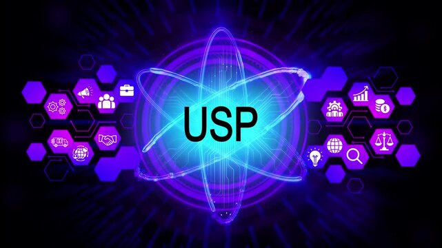 Unique Selling Proposition concept with glowing atom and business icons digital network technology innovation strategy marketing success