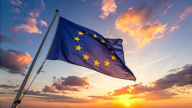 European Flag at Sunset Composition, Image Details and Concept, EU Flag, Sunset Photography