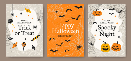 Happy Halloween card templates. Set of cute vector cartoon style cards with candy, pumpkins, spiders, bats, and spider webs. Trendy flat lay design
