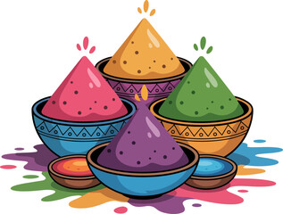 Vibrant bowls brimming with colorful powders, celebrating festive occasions with joyous hues.
