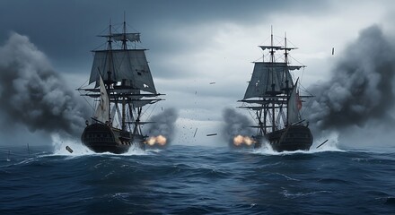 Obraz premium Epic Naval Cannon Battle Between Two 18th Century Warships on Stormy Sea.