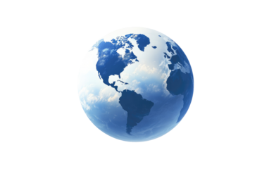 A stylized, digital globe of Earth.  A light-blue sphere depicts continents, surrounded by hazy white clouds.  The image is simple and slightly pixelated