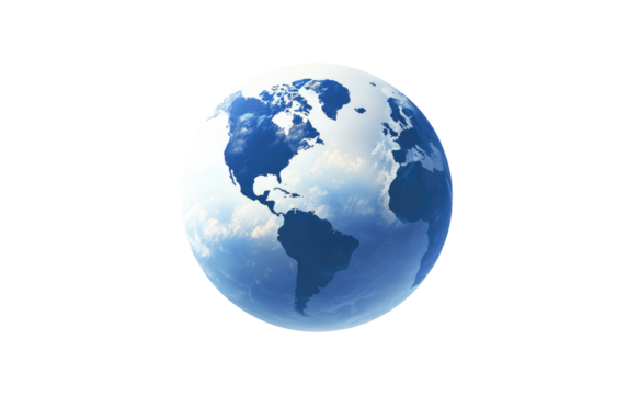 A stylized, digital globe of Earth.  A light-blue sphere depicts continents, surrounded by hazy white clouds.  The image is simple and slightly pixelated