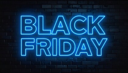 Neon blue "Black Friday" text on a dark brick wall