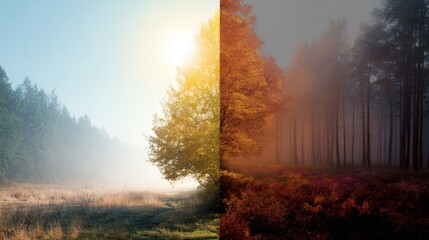 Fototapeta premium Split landscape showcasing contrasting seasons, with vibrant autumn foliage on one side and a serene misty morning on the other, highlighting nature's beauty and seasonal change