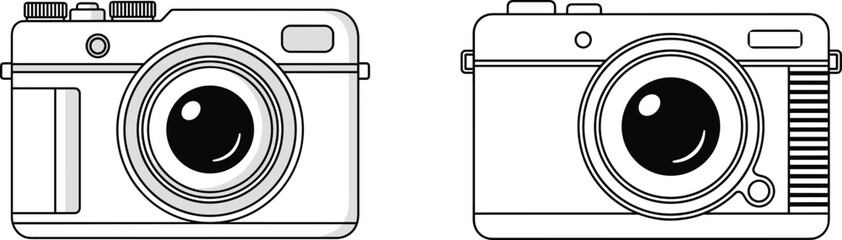 Two vintage-style black and white cameras, vector illustration for photography design, retro technology, artistic equipment mockup, and branding visuals