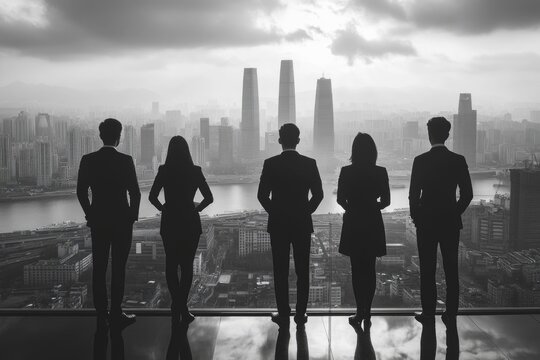 Asian IT company workers are in front of panoramic window, black white dress code, teamwork concept, big city is on the background 