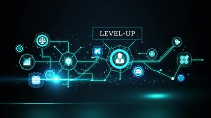 Level Up Business Growth Strategy Success Icons Network Connection Digital Transformation Concept Futuristic Technology Abstract Background - Powered by Adobe