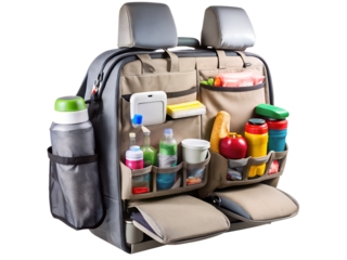 Car back seat organizer filled with various items like bottles, food, and accessories isolated on transparent background