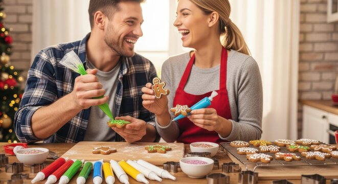 Couple Decorating Christmas Cookies Together in Kitchen - Powered by Adobe