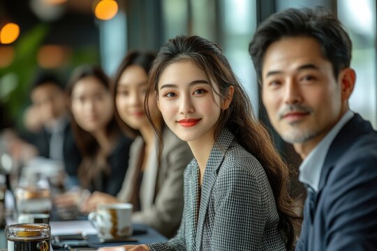 Confident team members collaborating in a professional business meeting in a modern office setting. A female leader is highlighted, symbolizing leadership and teamwork in a corporate environment