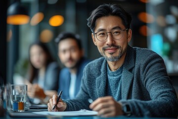 A professional businessman looks at the camera confidently during a meeting while colleagues discuss. The modern office atmosphere emphasizes collaboration, leadership, and business strategy