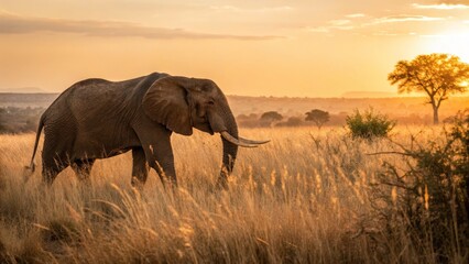 Obraz premium Golden Hour Elephant in African Savanna Wide Shot Composition, Warm Lighting, Serene Wildlife Scene. Elephant,Africa