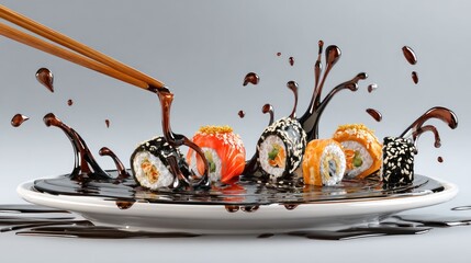 Sushi rolls covered in splashing sauce, chopsticks dipping, on white plate