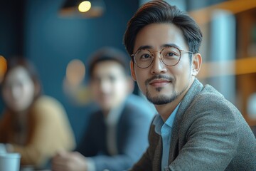 Fototapeta premium A collaborative professional meeting in a modern office environment, with a primary focus on a confident and successful individual among colleagues. Positive ambiance emphasizes teamwork