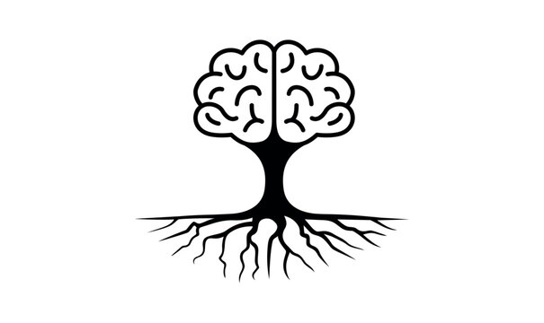 Brain tree logo, roots brain, creative intelligent brain, growth, vector illustration