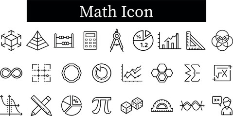 Collection of math icons including geometric shapes, graphs, calculator, abacus, pi symbol, dice, protractor, and more, isolated on transparent background