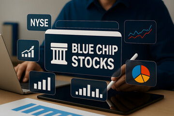 Blue Chip Stocks ,Laptop holographic dashboard highlighting blue chip stock data.