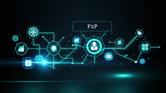 P2 P network connections business concept with icons for finance growth ideas teamwork and global reach digital technology abstract background