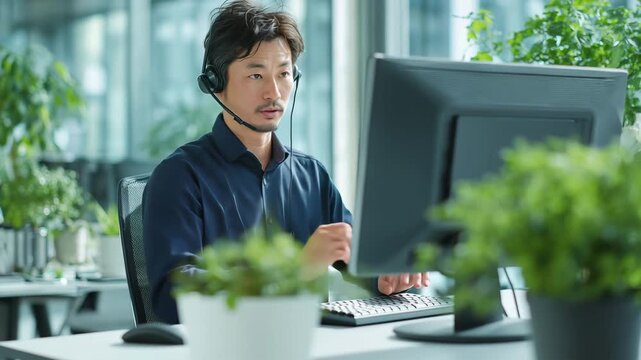 日本人中年男性がデスクで作業中