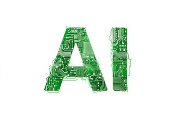 AI text made of green circuit board pattern on white background concept of technology.