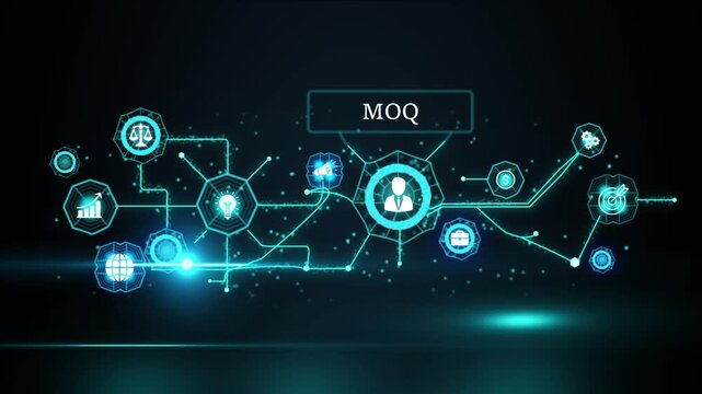 Digital network connecting business icons M O Q concept with growth chart idea lightbulb target and global connection for corporate strategy and financial planning animated background