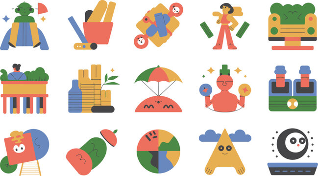Vibrant and playful flat design icons representing diverse concepts like finance, travel, and creativity.