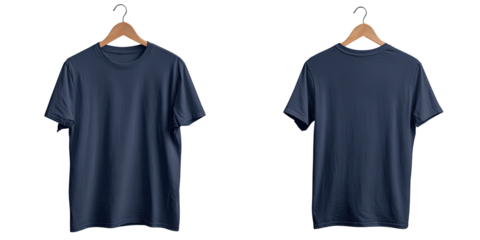Two navy blue blank t-shirts hanging on a wooden hanger