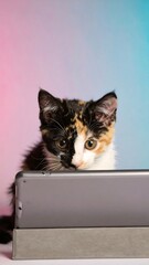 Cute calico kitten peeking from behind tablet
