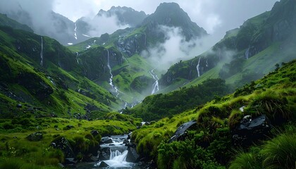 Misty mountain slopes with cascading streams during monsoon showers,
