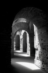 Naklejka premium Indoor architectural arches in black and white with light rays and shadows. Historical ruin illuminated by daylight.