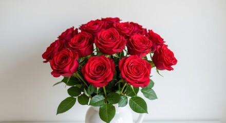 Vibrant bouquet of deep red roses in an elegant white vase on display