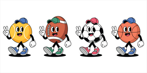 Anthropomorphic Sports Balls Walking with Peace Signs and Caps cartoon tennis ball © rayhan039